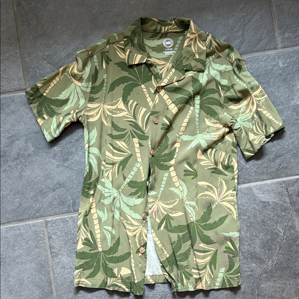 Wonder Nation Green and Tan and Green Hawaiian Shirt-Boys Size L 10/12